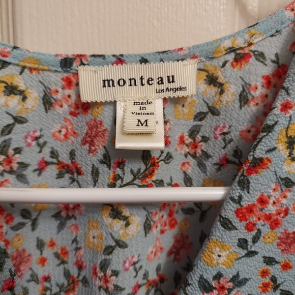 Women's Floral Blouse MONTEAU Short Sleeves Shirt Blue Pink Green Ruffled Sleeve - Picture 5 of 6